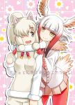  2girls alpaca_ears alpaca_suri_(kemono_friends) animal_ears bird_tail black_eyes brown_eyes closed_mouth commentary_request cover cover_page doujin_cover eyebrows_visible_through_hair floral_background frilled_sleeves frills fur-trimmed_sleeves fur_collar fur_trim gloves gradient_hair hair_over_one_eye hands_on_another&#039;s_shoulders head_wings horizontal_pupils japanese_crested_ibis_(kemono_friends) kemono_friends looking_at_another looking_back miniskirt multicolored_hair multiple_girls neck_ribbon pantyhose pink_skirt pleated_skirt red_gloves red_legwear red_ribbon redhead ribbon shirt shorts skirt smile standing sweater translated umekichi v-neck white_hair white_shirt white_shorts white_sweater wide_sleeves yellow_eyes 