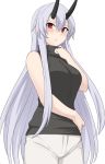  1girl :o bare_shoulders black_shirt blush casual fate/grand_order fate_(series) hair_between_eyes long_hair looking_at_viewer oni_horns pants parted_lips red_eyes shirt shiseki_hirame silver_hair simple_background sleeveless sleeveless_turtleneck solo tomoe_gozen_(fate/grand_order) turtleneck very_long_hair white_background white_pants 