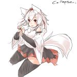  1girl animal_ears artist_name fang hair_between_eyes houkai_(collapse_illust) inubashiri_momiji looking_at_viewer open_mouth short_hair signature sketch smile solo tail thigh-highs touhou white_background white_hair wolf_ears wolf_tail 
