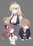  3girls :d bare_shoulders blonde_hair blue_eyes breasts brown_hair cnm collarbone dress front-tie_top grey_background hair_between_eyes highres intrepid_(kantai_collection) iowa_(kantai_collection) kantai_collection large_breasts long_hair multiple_girls one_eye_closed open_mouth parted_lips ponytail saratoga_(kantai_collection) short_hair short_sleeves side_ponytail simple_background smile star star-shaped_pupils symbol-shaped_pupils white_dress 