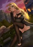  1girl absurdres ass bangs bare_shoulders black_legwear blonde_hair blue_eyes blush braid breasts cleavage closed_mouth clouds cloudy_sky coat collarbone earrings elbow_on_knee elbow_rest evening eyebrows_visible_through_hair girls_frontline hair_ornament hairclip head_on_hand highres jeep_wrangler jewelry k5_(girls_frontline) knee_up large_breasts light_smile long_hair looking_at_viewer off_shoulder open_clothes open_coat outdoors shoulder_cutout sidelocks sitting skindentation sky smile solo teruru_(pixiv_6148103) thigh-highs thighs vehicle wreckage 