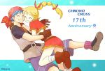  1boy 1girl anniversary bandage bandanna blonde_hair brown_gloves chrono_cross commentary_request cropped_vest facial_mark gloves high_ponytail hug kid_(chrono_cross) long_hair midriff mizushima_(kazami4) multi-tied_hair ponytail serge short_hair skirt vest 