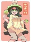  1girl :d dancing eyebrows_visible_through_hair feet_out_of_frame green_eyes green_hair grey_shorts hare_(tetterutei) hat highres holding holding_instrument instrument legs_apart long_sleeves looking_at_viewer ludicolo maracas mask music open_mouth orange_background personification playing_instrument pokemon shawl shorts simple_background smile solo standing wide_sleeves 
