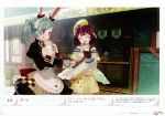 2girls absurdres animal_ears apron atelier_(series) atelier_sophie bare_shoulders blue_hair blush bow breasts brown_eyes brown_hair crepe eating food game_cg highres huge_filesize jewelry long_hair maid_apron multiple_girls navel necklace noco_(adamas) official_art rabbit_ears short_hair skirt smile sophie_neuenmuller tess_heitzmann tongue tongue_out 