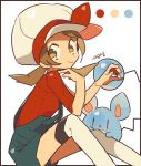  1girl auko border bow brown_hair cabbie_hat closed_mouth color_guide from_side gen_2_pokemon hat hat_bow holding holding_poke_ball kotone_(pokemon) looking_at_viewer marill over-kneehighs poke_ball poke_ball_(generic) pokemon pokemon_(creature) pokemon_(game) pokemon_hgss red_bow red_shirt shirt signature simple_background smile suspenders thigh-highs twintails white_background white_hat white_legwear yellow_eyes 