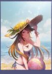  1girl ball beach bikini bracelet breasts brown_eyes brown_hair cha_(pixiv12794171) closed_mouth collarbone day eyebrows_visible_through_hair flower hat highres jewelry long_hair looking_at_viewer medium_breasts ocean original outdoors red_ribbon ribbon smile solo swimsuit white_bikini 