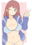  1girl :d bangs bikini blue_bikini blue_jacket copyright_request cowboy_shot donguri_suzume green_eyes hand_up highres jacket long_sleeves looking_at_viewer navel one_eye_closed open_clothes open_jacket open_mouth pink_background redhead simple_background smile solo striped striped_bikini swimsuit thigh_gap w 