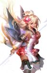  1girl :d ahoge alternate_costume breasts dansearl dark_skin detached_sleeves granblue_fantasy hair_ribbon long_hair looking_at_viewer one_eye_closed open_mouth pleated_skirt red_eyes ribbon silver_hair skirt small_breasts smile solo zooey_(granblue_fantasy) 