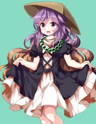  1girl beads brown_hair frills green_background hat highres hijiri_byakuren holding_dress layered_clothing long_hair purple_hair ruu_(tksymkw) short_sleeves smile solo touhou turtleneck violet_eyes wavy_hair 