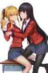  2girls black_hair blonde_hair breasts commentary commentary_request desk highres jabami_yumeko kakegurui large_breasts leg_between_thighs multiple_girls pleated red_eyes saotome_meari twintails white_background yellow_eyes yuri zema_haru 