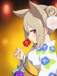  1girl animal_ears blonde_hair blue_eyes blurry blurry_background blush candy_apple closed_mouth depth_of_field eyeshadow fingernails floral_print flower food from_side hair_bun hair_flower hair_ornament highres holding japanese_clothes kimono long_sleeves makeup nail_polish nezuko obi original sash solo sweatdrop upper_body white_flower white_kimono wide_sleeves yellow_nails 