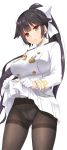  &gt;:&lt; 1girl azur_lane black_hair bow breasts brown_eyes brown_legwear commentary_request contrapposto cowboy_shot gloves gluteal_fold gusset hair_bow hair_flaps half_gloves high_ponytail large_breasts long_hair military military_uniform nakajima_yuka panties panties_under_pantyhose pantyhose pleated_skirt simple_background skirt skirt_lift solo string_panties takao_(azur_lane) thighband_pantyhose underwear uniform v-shaped_eyebrows very_long_hair white_gloves 