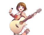  1girl :d acoustic_guitar bang_dream! bangs blush bow bowtie brown_hair commentary_request guitar hair_ornament hairclip hazawa_tsugumi hiroki_(yyqw7151) holding holding_instrument instrument long_sleeves music open_mouth playing_instrument pleated_skirt plectrum red_neckwear round_teeth school_uniform serafuku short_hair simple_background skirt smile solo teeth upper_teeth violet_eyes white_background white_skirt 