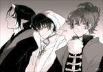  3boys akgi gradient gradient_background grey_background greyscale hakutaku_(hoozuki_no_reitetsu) hoozuki_(hoozuki_no_reitetsu) hoozuki_no_reitetsu horn japanese_clothes long_sleeves looking_at_viewer male_focus monochrome multiple_boys oni_horn pointy_ears white_coat 