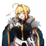  1girl ahoge artist_request bangs black_shirt blonde_hair blue_cape braid breasts cape cosplay excalibur_galatine eyebrows_visible_through_hair fate/extra fate/grand_order fate_(series) faulds french_braid fur-trimmed_cape fur_trim gauntlets gawain_(fate/grand_order) gawain_(fate/grand_order)_(cosplay) green_eyes hair_bun hair_intakes hair_ribbon hand_on_own_chest highres large_breasts looking_at_viewer nero_claudius_(fate) nero_claudius_(fate)_(all) one_eye_closed open_mouth red_ribbon ribbon shirt simple_background smile solo sword weapon white_background 
