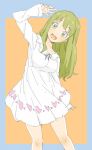  1girl :d blue_background breasts copyright_request donguri_suzume dress green_eyes green_hair hand_up head_tilt long_hair long_sleeves medium_breasts open_mouth smile solo standing star star-shaped_pupils symbol-shaped_pupils two-tone_background waving white_dress yellow_background 