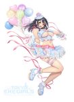  1girl balloon bangs bare_shoulders black_hair breasts commentary_request detached_collar earrings gloves grey_eyes jewelry large_breasts logo long_hair looking_at_viewer masami_chie midriff official_art platform_footwear simple_background skirt smile solo thigh_strap tokyo_exe_girls white_background 