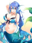  1girl :d absurdres animal_ears bikini black_bikini blue_bikini blue_hair blush breasts brown_eyes cleavage commentary_request eyebrows_visible_through_hair fang gradient gradient_background hair_between_eyes hand_behind_head head_fins highres huge_breasts jewelry layered_bikini long_hair looking_at_viewer matsunoki_(unknown_751) mermaid monster_girl navel necklace open_mouth original ponytail smile solo swimsuit very_long_hair yellow_background 