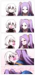  2girls 5koma :p :t absurdres bangs bare_shoulders black_shirt bubble_blowing chewing_gum chinese_clothes closed_mouth collarbone comic commentary_request eye_contact eyebrows_visible_through_hair facial_scar fate/grand_order fate_(series) finger_to_mouth forehead green_eyes hair_between_eyes hair_ornament hair_scrunchie hanfu heart highres jack_the_ripper_(fate/apocrypha) looking_at_another multiple_girls parted_bangs parted_lips pink_hair purple_hair scar scar_across_eye scar_on_cheek scrunchie shirt shoulder_grab shoulder_tattoo silver_hair sleeveless sleeveless_shirt smile surprised tattoo tongue tongue_out wada_kazu wavy_mouth wu_zetian_(fate/grand_order) yellow_scrunchie yuri 