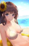  1girl ;q artist_name bangs bare_shoulders beach bikini blue_sky blush breasts brown_hair cleavage closed_mouth clouds cloudy_sky day eyebrows_visible_through_hair flower hair_flower hair_ornament halter_top halterneck highres innertube lee_seok_ho long_hair looking_at_viewer medium_breasts midriff navel ocean one_eye_closed original outdoors sand sitting sky smile solo stomach strap_gap sunflower swimsuit tongue tongue_out violet_eyes water wet wet_hair 