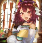  1girl :d atelier_(series) atelier_sophie bare_shoulders book brown_gloves cauldron curtains desk flower glint gloves hair_flower hair_ornament inside jewelry looking_at_viewer medium_hair necklace open_mouth pearl_necklace red_eyes rinsenjakusou sketch smile solo sophie_neuenmuller stirring_rod upper_body window 