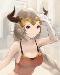  1girl absurdres aliza_(granblue_fantasy) bandage bandaged_hands braid breasts cleavage commentary_request draph granblue_fantasy headpiece highres horns large_breasts long_braid long_hair looking_at_viewer pointy_ears red_eyes shikibuton_(huto350) silver_hair single_braid solo very_long_hair 