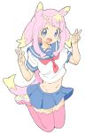  1girl :d absurdres bangs blue_eyes blue_sailor_collar blunt_bangs boots breasts copyright_request donguri_suzume double_w eyebrows_visible_through_hair fang hands_up highres jumping long_hair looking_at_viewer medium_breasts midriff navel necktie no_nose open_mouth pink_footwear pink_hair red_neckwear sailor_collar school_uniform serafuku shirt short_sleeves simple_background smile solo thigh-highs thigh_boots very_long_hair w white_background white_shirt 