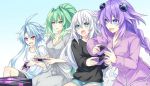  4girls ahoge black_heart blue_eyes blue_hair blush braid brave_neptune breasts casual cleavage controller game_console game_controller green_hair green_heart hair_ornament large_breasts long_hair multiple_girls neptune_(series) official_art playing_games ponytail power_symbol purple_hair purple_heart red_eyes short_hair_with_long_locks symbol-shaped_pupils tsunako twin_braids very_long_hair video_game violet_eyes white_hair white_heart 