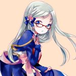  1girl awai beige_background blue_bow blue_dress blue_eyes bow braid dress flower glasses hair_bow hair_flower hair_ornament long_hair long_sleeves looking_at_viewer original parted_lips pink_bow pink_flower pink_ribbon red-framed_eyewear ribbon silver_hair simple_background solo 
