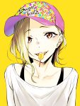  1girl baseball_cap brown_hair candy collarbone earrings english food hair_over_one_eye hat heart jewelry ko-tan lollipop looking_at_viewer medium_hair off_shoulder open_mouth original red_eyes smile solo tagme tongue yellow_background 