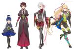  4girls azuki_nagamitsu_(touken_ranbu) bare_shoulders black_gloves black_skirt blonde_hair blue_hair boots brown_hair daihannya_nagamitsu_(touken_ranbu) dress frilled_dress frills full_body genderswap genderswap_(mtf) gloves grey_footwear hair_bun hair_ribbon kenshin_kagemitsu kouryuu_kagemitsu legs_crossed long_hair looking_at_viewer low-tied_long_hair multiple_girls necktie pants pleated_skirt ponytail red_pants ribbon short_hair shuri_(84k) silver_hair simple_background skirt smile standing standing_on_one_leg thigh-highs thigh_boots touken_ranbu watson_cross white_background wide_sleeves 