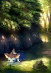  commentary_request gen_1_pokemon highres manino_(mofuritaionaka) no_humans outdoors pokemon river rock scenery signature solo tree vaporeon wading water 