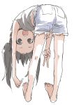  1girl :d absurdres barefoot blue_shorts commentary grey_eyes grey_hair grey_shirt highres long_hair looking_at_viewer looking_back open_mouth original round_teeth shirt shorts simple_background sketch smile solo teeth upside-down v white_background yamamoto_souichirou 