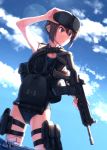  1girl absurdres assault_rifle blue_sky brown_eyes brown_hair day dreadtie goggles goggles_on_head gun hair_between_eyes highres looking_to_the_side one-piece_swimsuit open_mouth original rebreather rifle school_swimsuit scuba_gear short_hair signature sky solo standing swimsuit weapon wet 