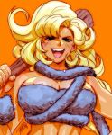  1girl ayla_(chrono_trigger) blonde_hair blue_eyes breasts chrono_trigger cleavage club curly_hair fang fur_bikini highres large_breasts long_hair open_mouth orange_background robert_porter solo strapless tail tribal tubetop upper_body weapon 
