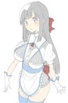  1girl apron blue_legwear bow breasts closed_mouth copyright_request cowboy_shot donguri_suzume eyebrows_visible_through_hair gloves grey_hair hair_bow large_breasts long_hair looking_at_viewer red_bow simple_background solo standing thigh-highs violet_eyes waist_apron white_background white_gloves 