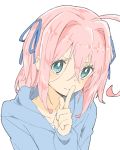  1girl absurdres ahoge blue_eyes blue_hoodie blue_ribbon closed_mouth copyright_request donguri_suzume hair_intakes hair_ribbon highres hood hood_down hoodie index_finger_raised long_sleeves looking_at_viewer pink_hair ribbon simple_background smile solo upper_body white_background 
