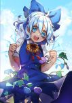  1girl :d ahoge bangs blouse blue_bow blue_dress blue_eyes blue_flower blue_hair blue_sky blurry blush bow breasts cirno clenched_hands clouds cloudy_sky collared_blouse commentary_request crystal curly_hair day depth_of_field dot_nose dress eyebrows_visible_through_hair eyelashes flower hair_between_eyes hair_bow half_updo hands_up ice ice_wings kyouda_suzuka large_bow light_blue_hair looking_at_viewer looking_down neck_ribbon open_mouth outdoors puffy_short_sleeves puffy_sleeves purple_flower red_neckwear ribbon round_teeth short_dress short_hair short_sleeves sky small_breasts smile solo standing sunflower teeth touhou v-shaped_eyebrows white_blouse wing_collar wings 