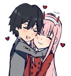  1boy 1girl bangs black_hair blush closed_eyes commentary couple darling_in_the_franxx eyebrows_visible_through_hair fringe hair_ornament hairband hand_on_another&#039;s_head heart hetero hiro_(darling_in_the_franxx) horns hug k_016002 long_hair long_sleeves military military_uniform oni_horns pink_hair red_horns short_hair uniform white_hairband zero_two_(darling_in_the_franxx) 