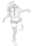  1girl :o absurdres ankle_boots boots breasts copyright_request criss-cross_halter detached_sleeves donguri_suzume flying_sweatdrops green_eyes greyscale hair_over_one_eye halterneck highres large_breasts long_hair long_sleeves looking_at_viewer micro_shorts monochrome navel one_eye_covered open_mouth panties short_shorts shorts simple_background single_thighhigh solo spot_color standing standing_on_one_leg thigh-highs underwear white_background 