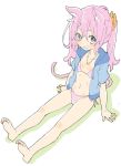  1girl :d absurdres bare_legs barefoot bikini blue_eyes blue_jacket copyright_request donguri_suzume flat_chest hair_between_eyes highres hood hooded_jacket jacket jewelry navel necklace open_clothes open_jacket open_mouth pink_bikini pink_hair simple_background sitting smile solo striped striped_bikini swimsuit twintails white_background 
