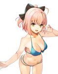  1girl ahoge bikini black_bow blue_bikini bow breasts cleavage fate/grand_order fate_(series) hair_bow half_updo koha-ace looking_at_viewer medium_breasts navel okita_souji_(fate) outstretched_arm pink_hair shovelwell simple_background smile solo swimsuit v_over_eye white_background yellow_eyes 