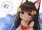  1girl animal_ears azur_lane bangs bare_shoulders blush brown_eyes brown_hair closed_mouth collarbone commentary_request curled_horns detached_sleeves dress eyebrows_visible_through_hair horns long_hair looking_at_viewer nagato_(azur_lane) neko_miyabi_(artist) red_dress solo spoken_squiggle squiggle strapless strapless_dress very_long_hair water white_background 