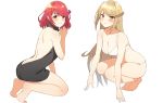  2girls backless_outfit bare_back bare_shoulders barefoot blonde_hair blush bra breasts butt_crack dress highres mythra_(xenoblade) pyra_(xenoblade) icarus_(632247131) large_breasts long_hair looking_at_viewer meme_attire multiple_girls naked_sweater navel open-back_dress panties redhead sideboob simple_background soles sweater sweater_dress turtleneck turtleneck_sweater underwear virgin_killer_sweater white_background xenoblade xenoblade_(series) xenoblade_2 yellow_eyes 