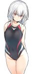  1girl arms_behind_back bare_shoulders black_swimsuit blush closed_mouth commentary_request covered_navel hair_between_eyes highres looking_at_viewer original red_eyes simple_background solo standing swimsuit tsunekichi white_background white_hair 