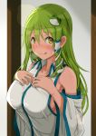  1girl :q bare_shoulders blush breasts breath collarbone commentary_request detached_sleeves eyebrows_visible_through_hair frog_hair_ornament green_hair hair_between_eyes hair_ornament hair_tubes hands_on_own_chest highres kochiya_sanae large_breasts long_hair long_sleeves looking_at_viewer nose_blush opanchu_(hakusen) shirt sideboob single_sidelock sleeveless sleeveless_shirt smile snake_hair_ornament solo sweat tongue tongue_out touhou upper_body white_shirt wide_sleeves yellow_eyes 