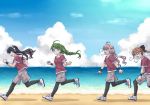  &gt;_&lt; 4girls :d ahoge akigumo_(kantai_collection) alternate_costume beach black_hair black_legwear blue_eyes blue_sky braid brown_hair clouds cloudy_sky commentary_request day from_side green_hair hair_bun kantai_collection long_hair makigumo_(kantai_collection) multicolored_hair multiple_girls naganami_(kantai_collection) ocean open_mouth pink_hair ponytail running shorts sky smile two-tone_hair wristband yukiharu yuugumo_(kantai_collection) 