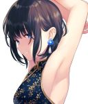  1girl :d achiki armpits arms_behind_head arms_up bangs bare_shoulders black_hair blue_eyes breasts china_dress chinese_clothes commentary_request dress earrings eyebrows_visible_through_hair eyelashes hair_between_eyes high_collar jewelry looking_at_viewer open_mouth original short_hair simple_background smile solo teeth white_background 