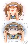  &lt;o&gt;_&lt;o&gt; 1girl anger_vein asimo953 breasts cheek_pinching chibi closed_eyes directional_arrow hairband highres i-26_(kantai_collection) kantai_collection large_breasts light_brown_hair open_mouth pinching sailor_collar smile solo_focus twitter_username two-tone_hairband two_side_up zipper 