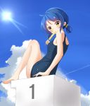  1girl bangs bare_arms bare_legs bare_shoulders barefoot blue_hair blue_sky blue_swimsuit blush brown_eyes clouds commentary_request covered_mouth day eyebrows_visible_through_hair food gochuumon_wa_usagi_desu_ka? head_tilt highres holding holding_food jouga_maya kousaka_nobaku looking_at_viewer looking_to_the_side one-piece_swimsuit outdoors popsicle school_swimsuit sitting sky solo sun sunlight swimsuit wet 